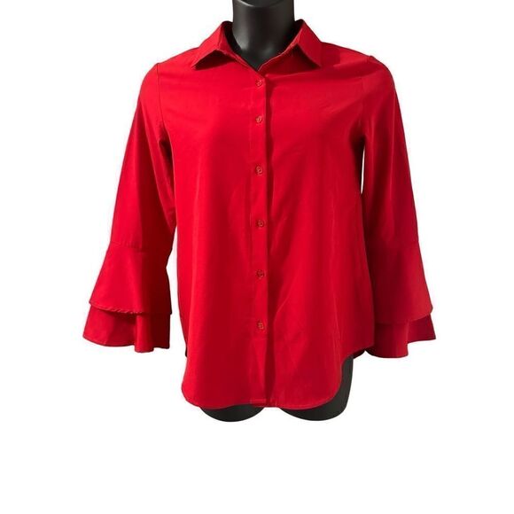 Women's Button Front Lightweight Flounce Sleeve Blouse Red Small - Picture 1 of 7